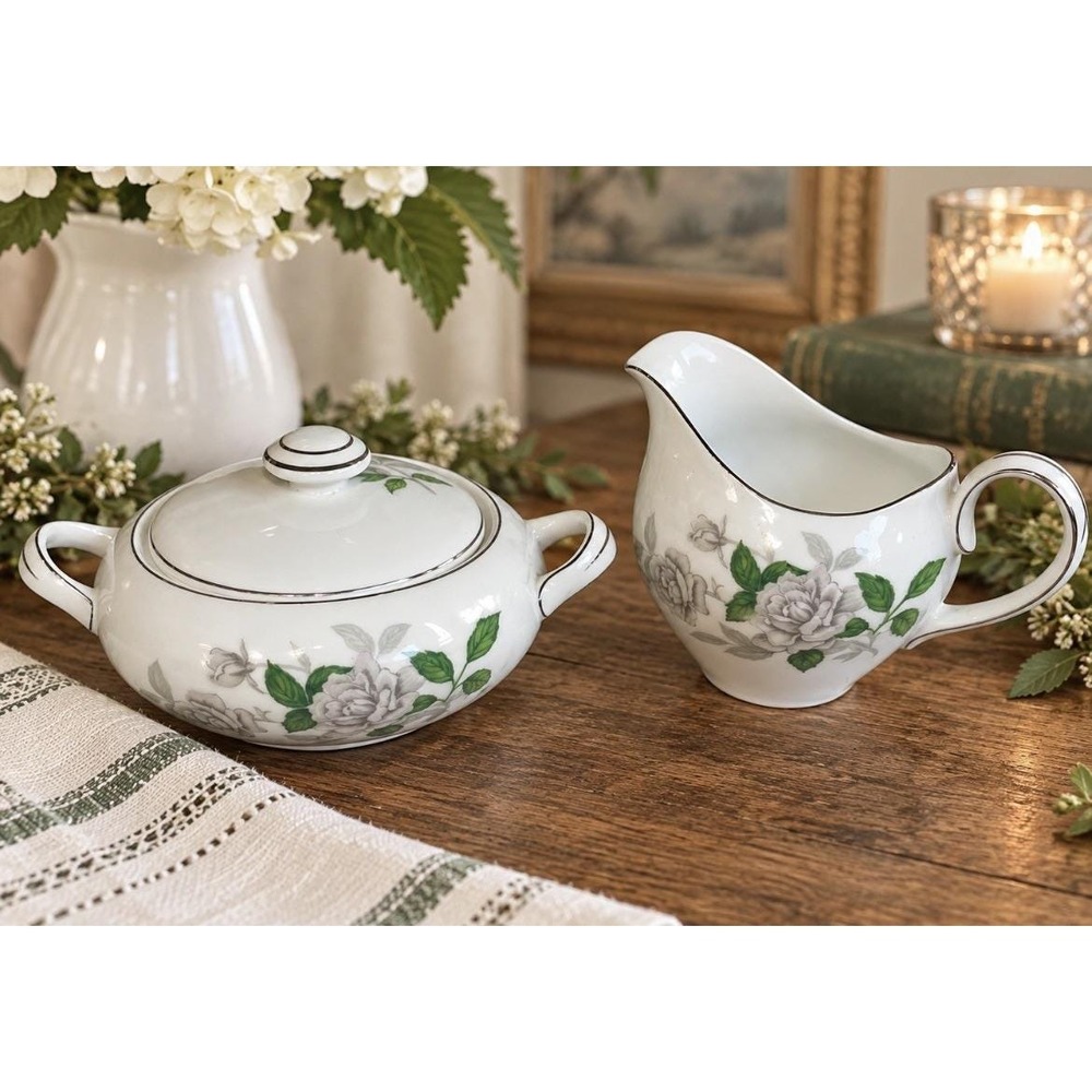 Vintage Sone China Gray Pearl 1873 Cream & Sugar Set Platinum Trim Japan